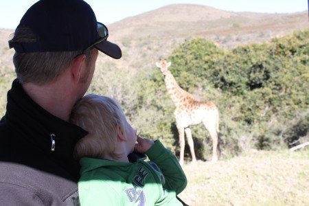 Kind in Süddafrika auf Safari mit Giraffe
