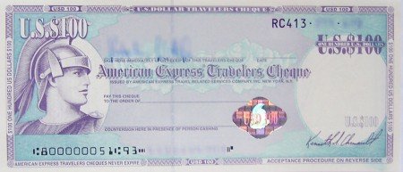 Ein Reisescheck über 100 USD von American Express © Valentin Wittich/Wikipedia Ein Reisescheck über 100 USD von American Express © Valentin Wittich/Wikipedia