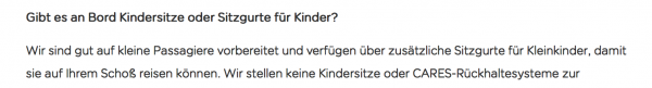 Irreführende Ausage auf der Easyjet-Webseite: Bei den "zusätzlichen Sitzgurten für Kleinkinder" handelt es sich um die lebensgefährlichen Schlaufengurte. Ist das wirklich "gut vorbereitet sein"? © Easyjet Irreführende Ausage auf der Easyjet-Webseite: Bei den "zusätzlichen Sitzgurten für Kleinkinder" handelt es sich um die lebensgefährlichen Schlaufengurte. Ist das wirklich "gut vorbereitet sein"? © Easyjet