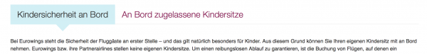 Auch bei Eurowings steht die Sicherheit der Kinder an erster Stelle. - Warum aber müssen sich Eltern selbst um eine adäquate Kindersicherung an Bord kümmern? © Eurowings Auch bei Eurowings steht die Sicherheit der Kinder an erster Stelle. - Warum aber müssen sich Eltern selbst um eine adäquate Kindersicherung an Bord kümmern? © Eurowings