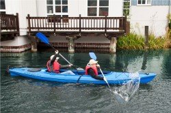 Kinder paddeln im Hafen