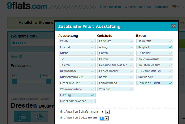 Bei 9flats kann die Suche weiter eingeschränkt werden.