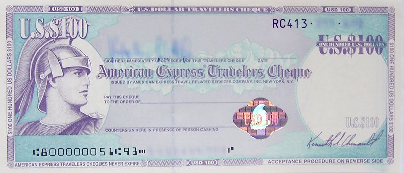 Ein Reisescheck über 100 USD von American Express © Valentin Wittich/Wikipedia