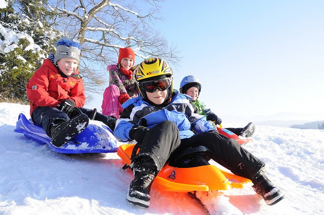 Junge Auf Schlittenfahrt. KinderSchlitten. Kind Auf Schlitten