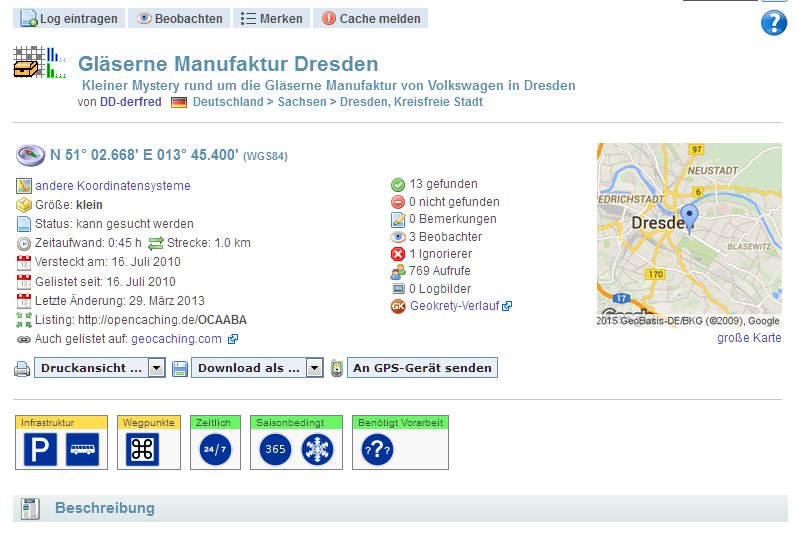 So sieht ein Cache-Listing auf www.opencaching.de aus © Opencaching.de
